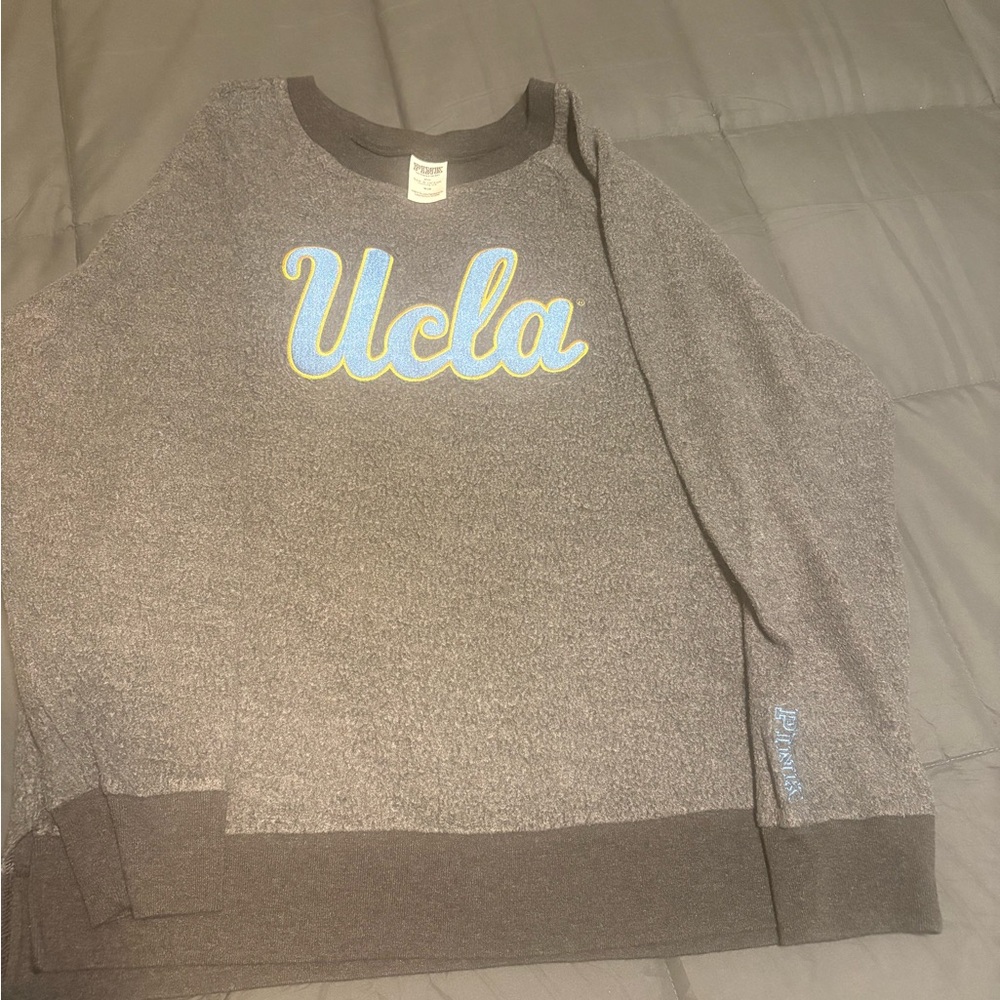 PINK Victoria's Secret Gray Sweatshirt with Blue and Yellow Accents